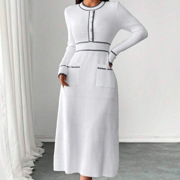 Classic Elegant Waisted Round Neck Sweater Dress - Picture 3 of 6
